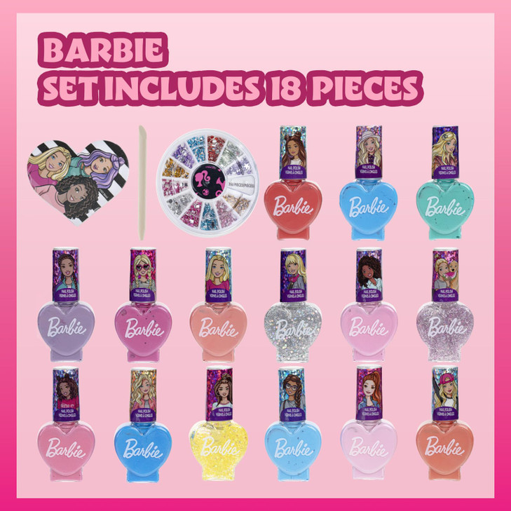 Barbie Movie 18 Piece Set Kids Water-Based Nail Polish Set, Includes Nail Polish, Nail Gems, Nail File for Age 3+, Parties Birthday by Townley Girl