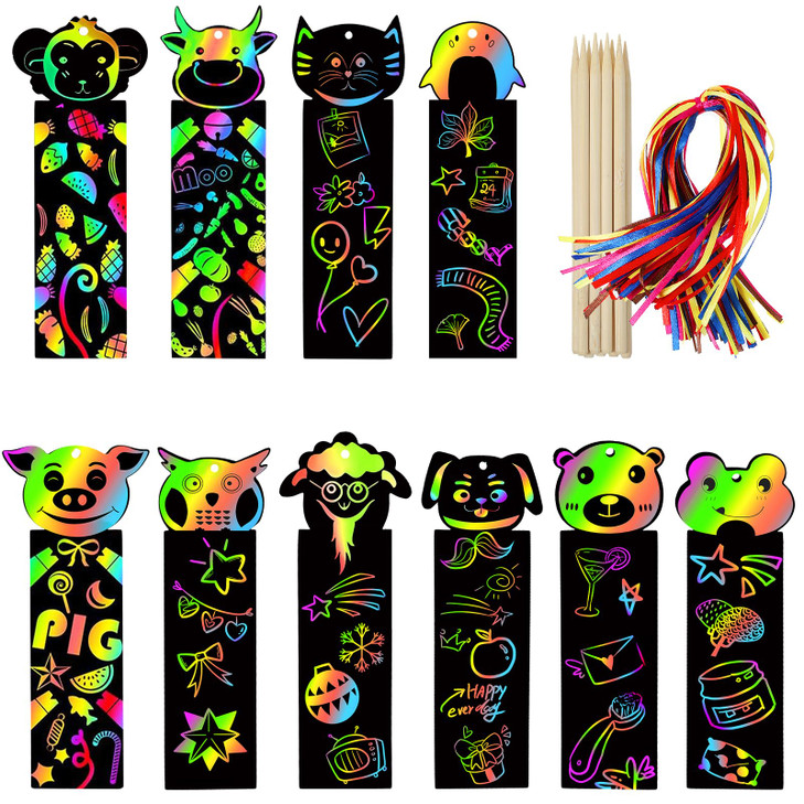 100Pcs Scratch Art Bookmarks Making Kit, Scratch Paper DIY Animal Bookmarks Bulk with 100Pcs Ribbons and 50Pcs Wood Stylus