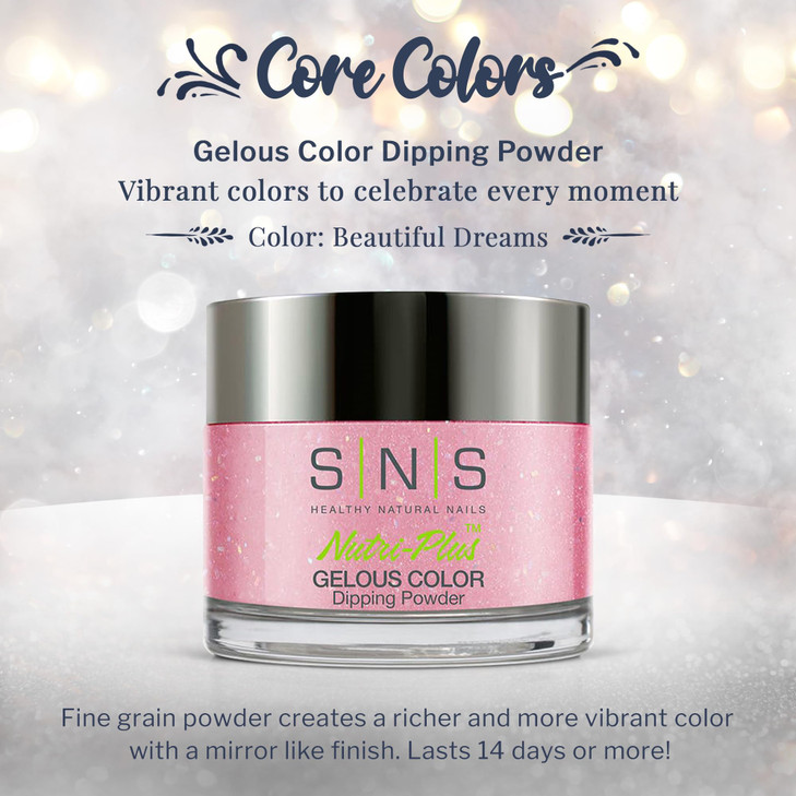 SNS Nail Dip Powder, Gelous Color Dipping Powder - Beautiful Dreams (Pink/Rose, Glitter) - Long-Lasting Dip Nail Color Lasts 14 Days - Low-Odor & No