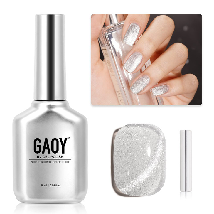 GAOY Cat Eye Gel Nail Polish, Glitter Holographic Nail Polish with Magnet, 16ml Reflective Translucent UV Gel for DIY at Home, 1138 Silver
