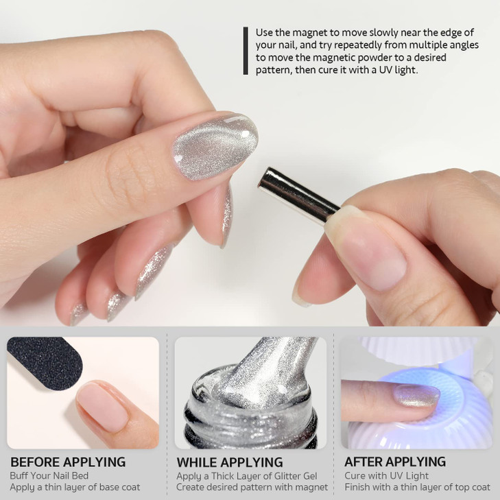 GAOY Cat Eye Gel Nail Polish, Glitter Holographic Nail Polish with Magnet, 16ml Reflective Translucent UV Gel for DIY at Home, 1138 Silver