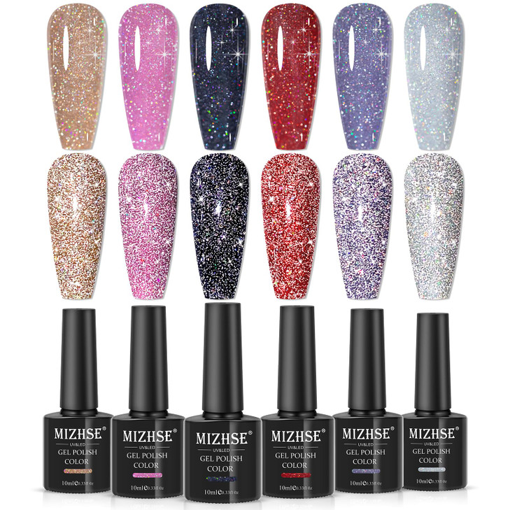 MIZHSE Reflective Glitter Gel Nail Polish, Holographic Glitter Gel Polish Set Sparkly Shiny Bling Nail Polish Soak Off UV/LED Nail Art Manicure Kit