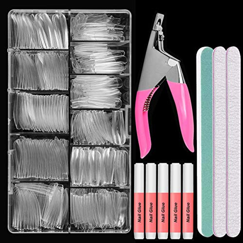 500PCS No Trace Coffin Long Ballerina Acrylic False Nails, Clear Full Cover Long Coffin Nails with Nail Cutter, Glue, Files, Buffers and Brush