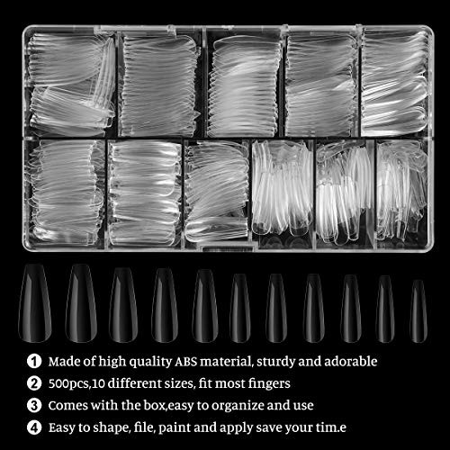 500PCS No Trace Coffin Long Ballerina Acrylic False Nails, Clear Full Cover Long Coffin Nails with Nail Cutter, Glue, Files, Buffers and Brush