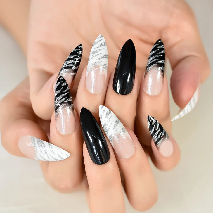 Black White Animal Print French Press On Nails - Extra Long Sharp Stiletto Fake Nails with Nail Glue, Reusable Nail Tips - Glue On Nails 24 Nail Kit,