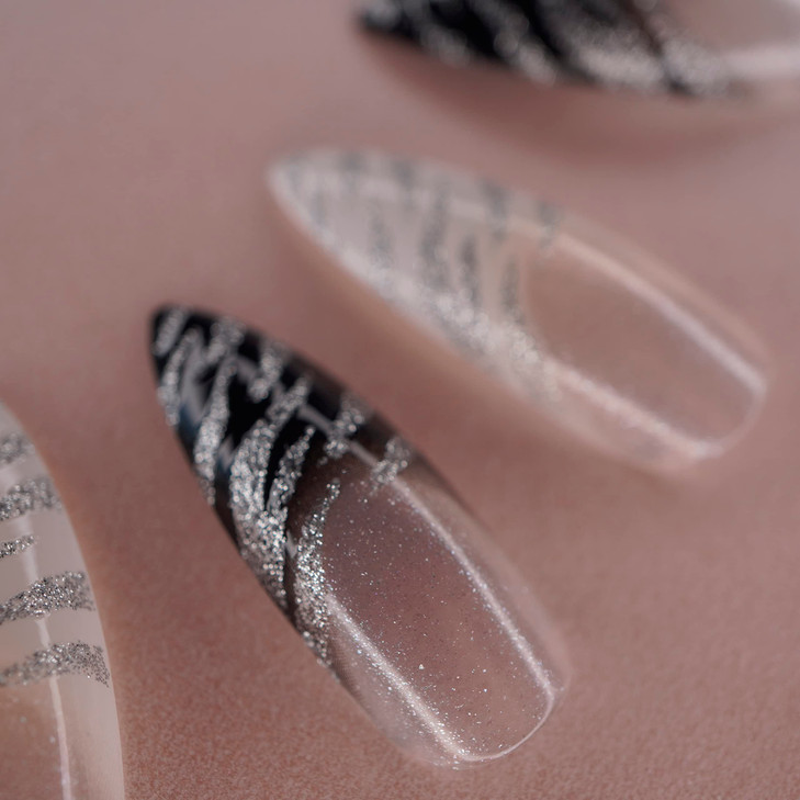 Black White Animal Print French Press On Nails - Extra Long Sharp Stiletto Fake Nails with Nail Glue, Reusable Nail Tips - Glue On Nails 24 Nail Kit,