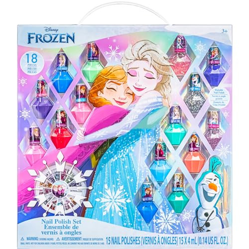 Disney Frozen Non-Toxic Peel-Off Nail Polish Set with Shimmery and Opaque Colors with Nail Gems for Girls Ages 3+, Perfect for Parties, Sleepovers an