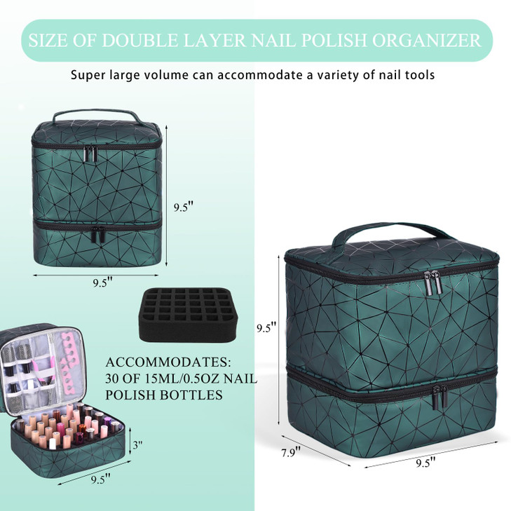 RZMAYIS PU Leather Nail Polish Organizer, Double Layer Nail Polish Storage Holds 30 Bottles (15ml/0.5fl.oz) & Nail Lamp, Portable Nail Bag Organizer