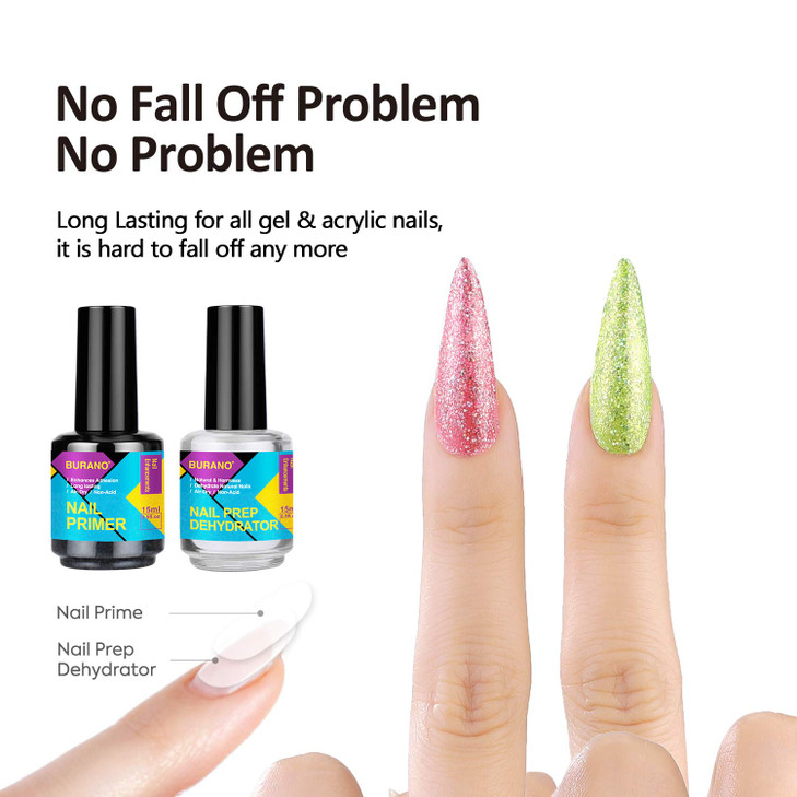 BURANO Natural Nail Gel Prep Dehydrator and Primer for Acrylic Nails and Gel Polish, Long Lasting Acid Free Primer 0.5 oz