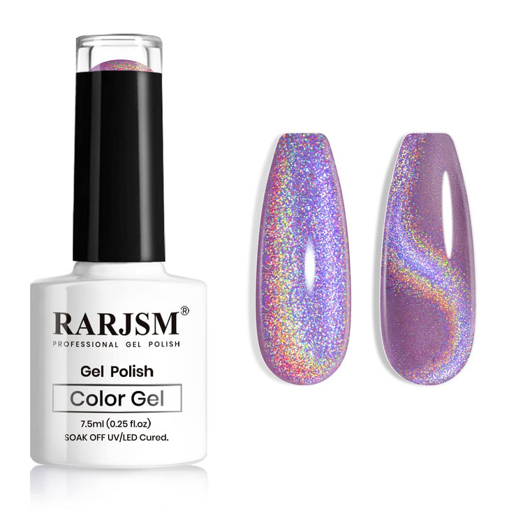 RARJSM Cat Eye Gel Nail Polish, Galaxy Chameleon Magnetic Gel Violet Purple Holographic Glitter Gelpolish Soak Off UV LED DIY Manicure Art for Salon