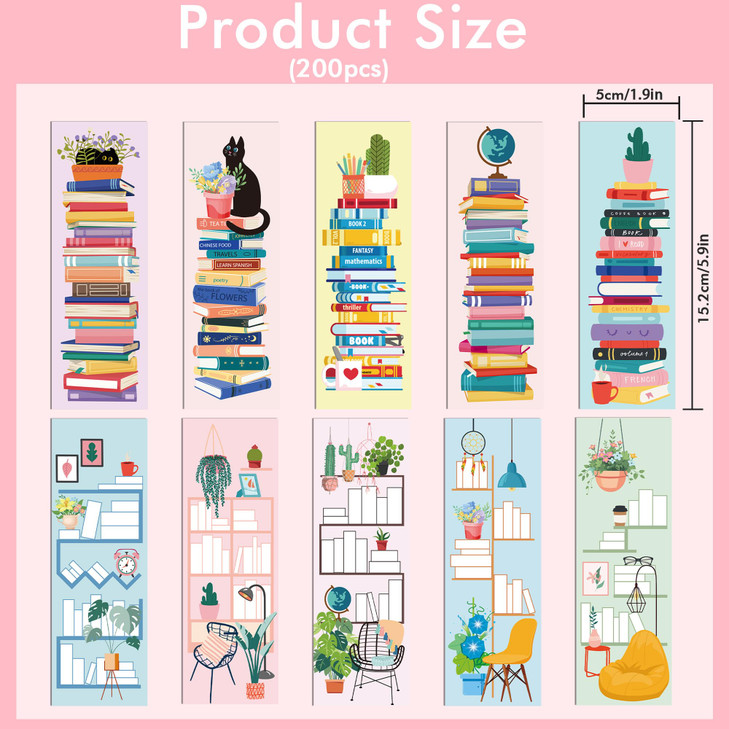 200 Pcs Bookshelf Bookmarks Bulk for Reading: Cute Book Tracker Bookmark for Kids Women, Creative Paper Book Marks Bookish Gifts for Book Lovers Stud