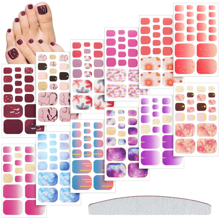 Maitys 264 Pieces 12 Sheets Toe Nail Stickers Self Adhesive Full Nail Wraps Toenail Art Polish Stickers Strips Manicure Accessories Glitter Decals wi