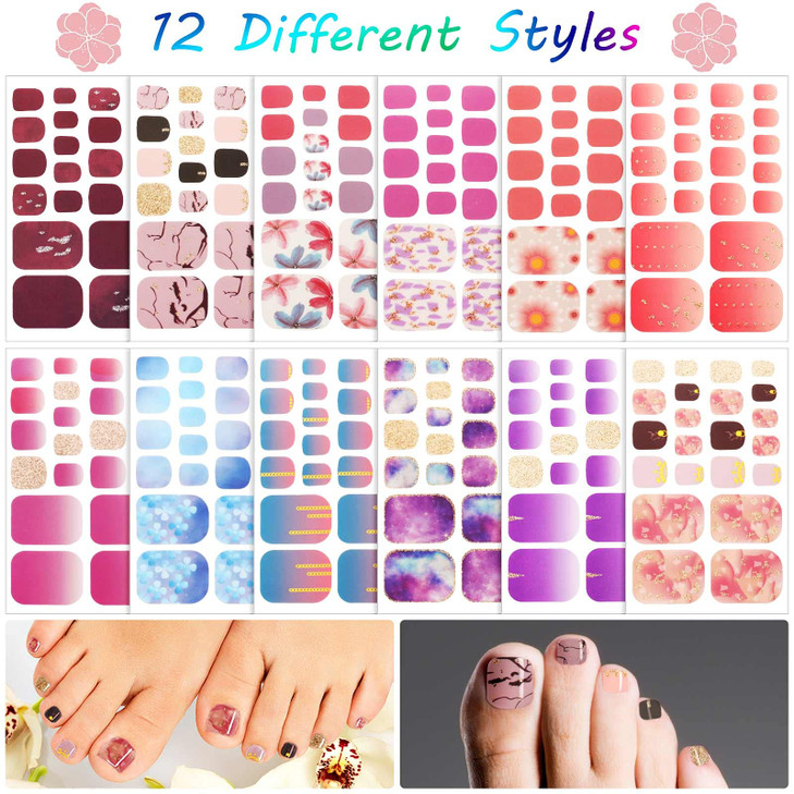 Maitys 264 Pieces 12 Sheets Toe Nail Stickers Self Adhesive Full Nail Wraps Toenail Art Polish Stickers Strips Manicure Accessories Glitter Decals wi