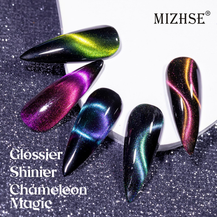 MIZHSE 8 Colors 9D Cat Eye Gel Nail Polish, Magnetic Gel Polish Kit with Magnet Stick, Galaxy Glitter Chameleon Effect Silk Velvet Cat Eye Nail Polis