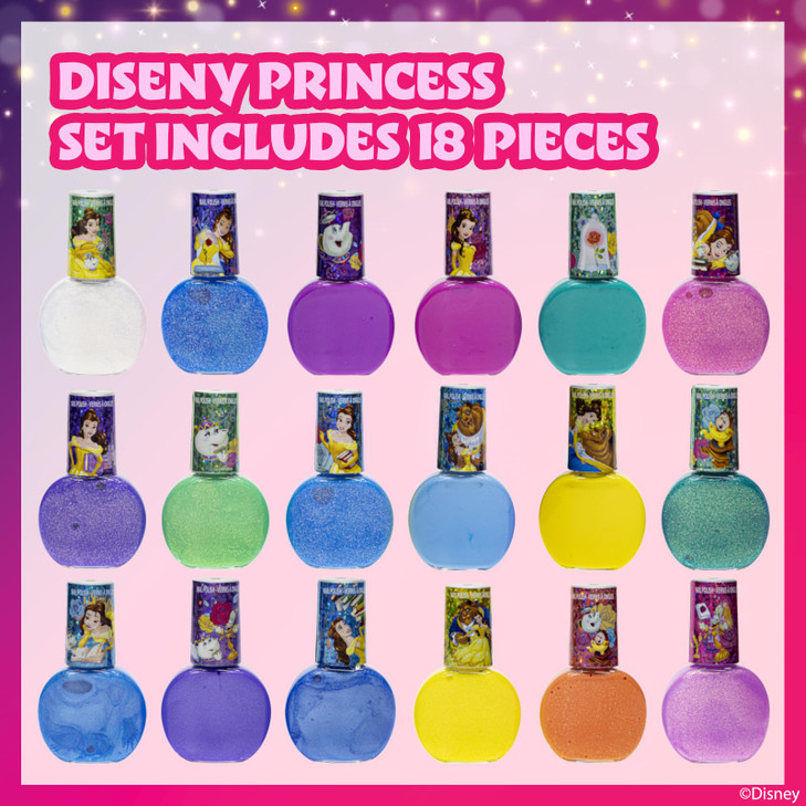 Townley Girl Disney Princess Belle 18 Piece Water-Based Nail Polish Set, Quick Dry and Peels-Off, Nail Paint Set for Girls Ages 3
