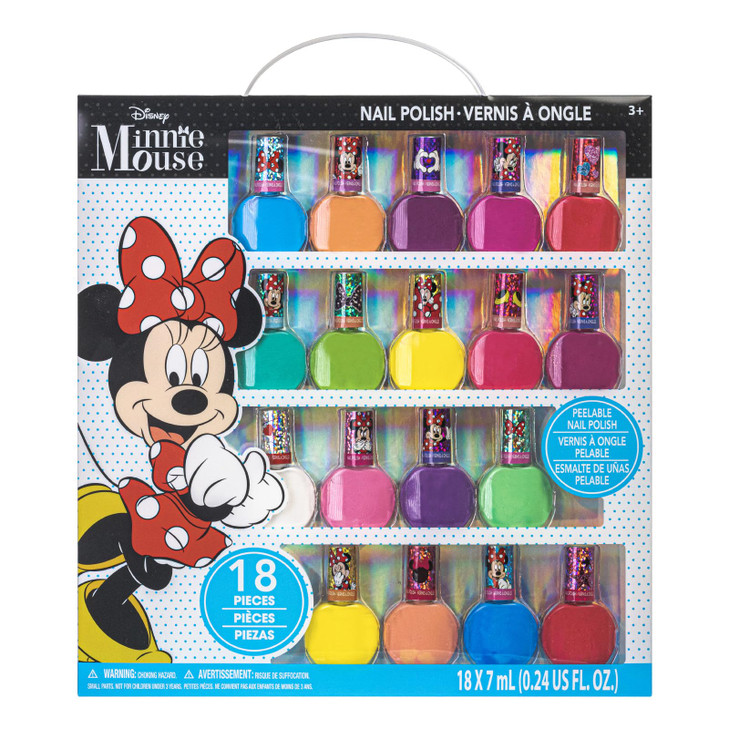 Townley Girl Disney Minnie Mouse 18 Pcs Non-Toxic Peel-Off Nail Polish Set for Girls, Glittery and Opaque Colors Perfect for Birthday Age 3