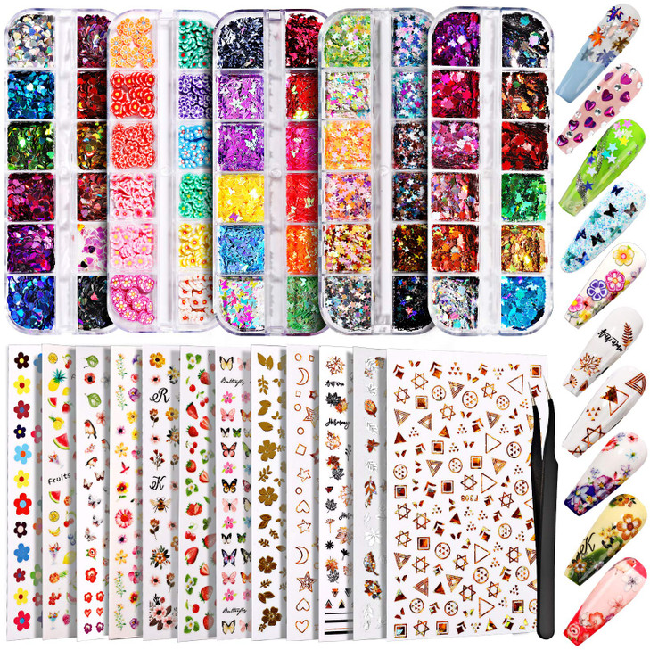 Teenitor 12 Sheets Nail Art Sticker 3D Self-Adhesive, Nail Art Decoration with 5 Boxes Holographic Glitter Flakes Butterfly Heart Star Maple Leaf Nai
