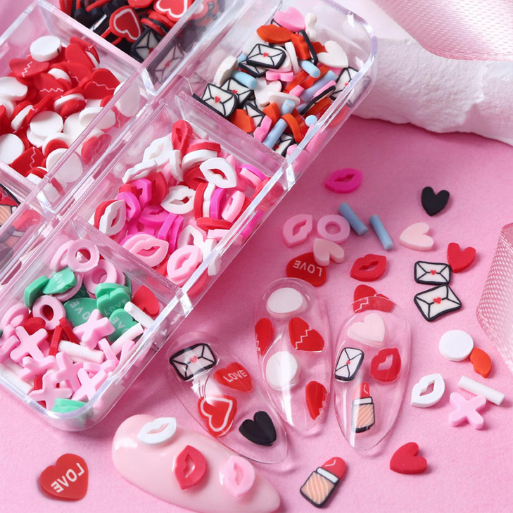 6 Grids Valentines Nail Art Slices Red Lips Designs Heart Nail Charms 3D Colorful Clay Slices Mini Slices for DIY Crafts,Nail Art and Cellphone Decor