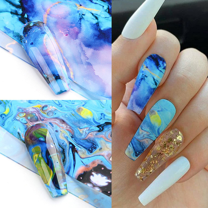 TBRZTR Starry Sky Nail Art Foil Stickers Decals, 10 Sheets (Paper, Acrylic, Flowing Starry Sky, Bubble, Colorful Sky Theme, Single Use)