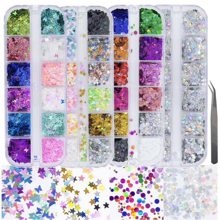 AddFavor 4 Boxes Holographic Nail Sequins Shapes Mixed Iridescent Nail Glitter Flakes Butterfly Hearts Star DIY Design Manicure Decorations Sets for