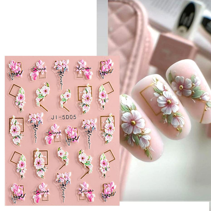 3D Embossed Flower Leaves Nail Art Stickers Decals 4 Sheets 5D Self-Adhesive Pegatinas Uñas Summer Nail Supplies Nail Art Design Decoration Accessori