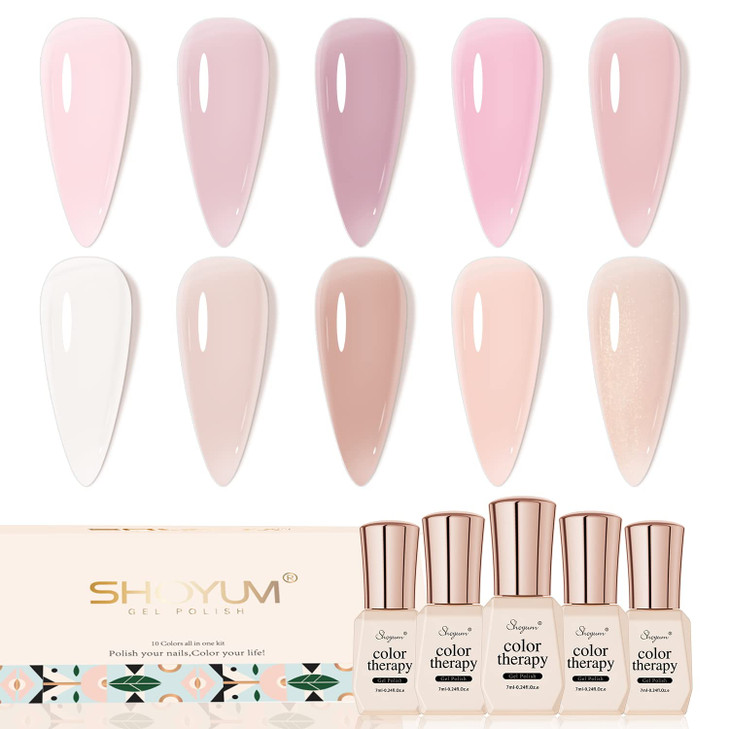SHOYUM Nude Pink Gel Nail Polish Set, 10 Colors Neutral Nude Gel Polish Kit Translucent Milky White Purple Spring Summer Trend Nail Art DIY Manicure