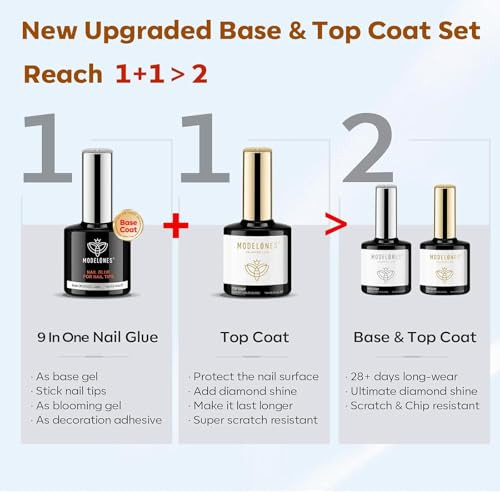 modelones Gel Nail Glue 9 in One Base Gel and No Wipe Top Coat Set 2Pcs for Gel Nail Polish Adhesive Nail Extension Gel Rhinestone Glue Nail Art LED