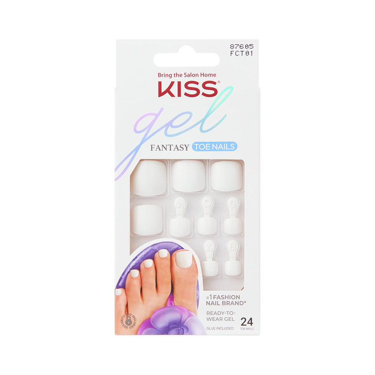 KISS Gel Fantasy Collection Ready-To-Wear Fake Toenails Pedicure Set, Style 'This is Classic', with Mini Nail File, Pink Gel Nail Glue & 24 White Smu