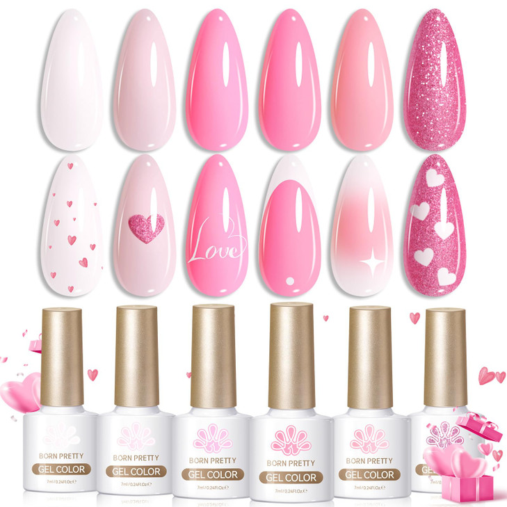 Born Pretty Pink Gel Nail Polish Set 6 Colors Valentine's Day Sweet Lovely Nude Pink White Colors Nail Art DIY Manicure Salon Home 7ML