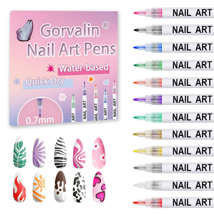 Gorvalin 12 Colors Nail Art Pens, 3D Quick Dry Nail Point Graffiti Dotting Liner Pen Sets Nail Art Painted Pen Drawing Nail Design Kit for Nail DIY D