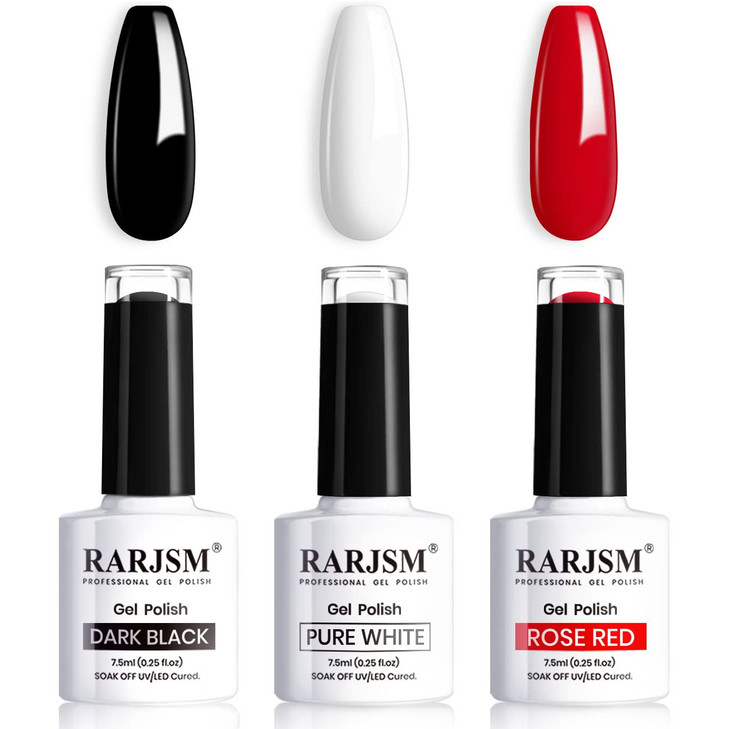 RARJSM Black White Gel Nail Polish Red Nail Polish Set Soak Off Gel Polish 3PCS 7.5ML UV LED Curing Required NailPolish Nail Art French Manicure DIY