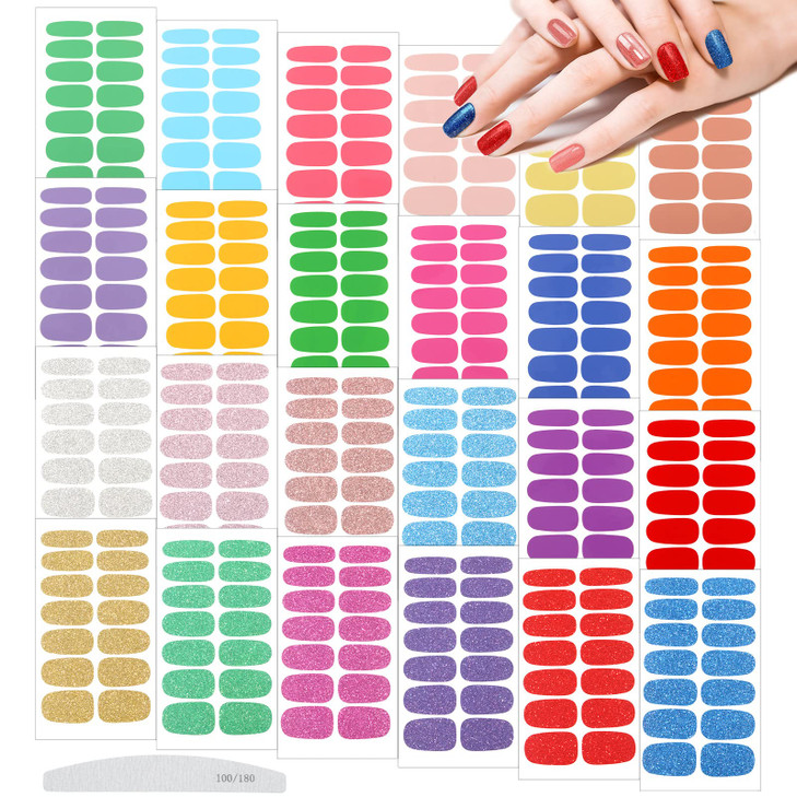 Maitys 336 Pieces 24 Sheets Nail Wraps Gel Nail Stickers Polish Strips Self Adhesive Seasonal Solid Color Decal Manicure Kits with File for Women Gir