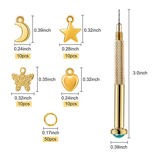 Hicarer 91 Pieces Nail Jewelry Rings with Piercing Tool Hand Drill, Pierced Fingernail Jewel Dangle Nail Art Golden Color Charms for Acrylic Tips DIY