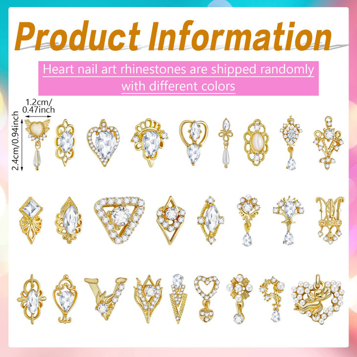 Maitys 52 Pcs Gold Nail Charms Gems Rhinestone Luxury 3D Heart Crystal Pendant Bulk Alloy Nail Tip Dangle Jewels Metal Pearl Diamond Flower Studs for