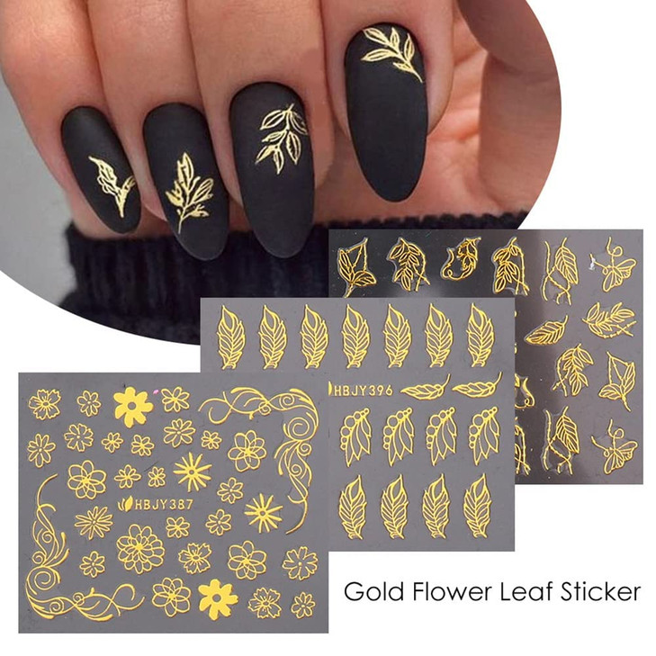Flowers Nail Art Stickers Decal 3D Self-Adhesive Gold Flower Leaf Lace Nail Supplies Flower Nail Stickers Geometry Line Nail Designs for Women Girls