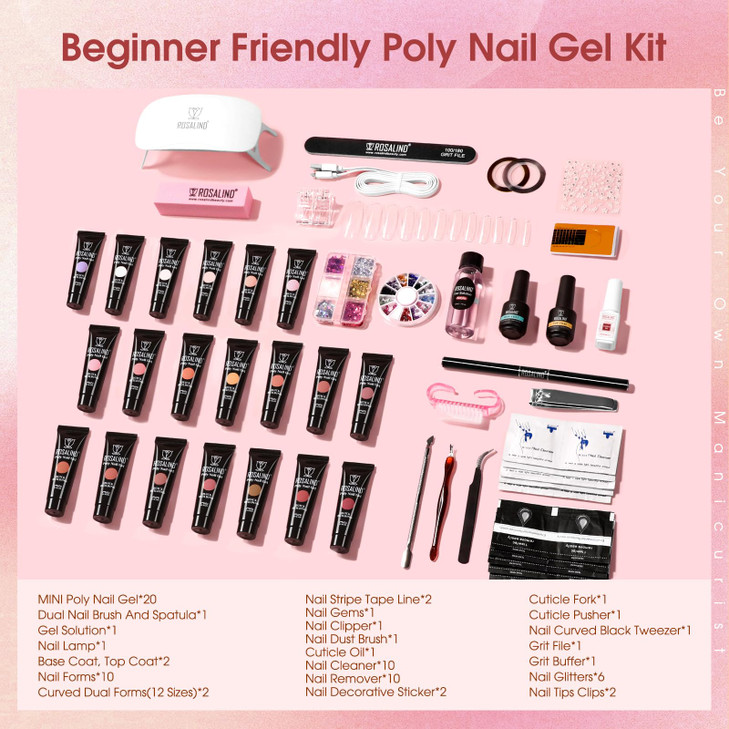 ROSALIND Poly Nail Gel Kit -20 Colors + 76 Nail Art Accessories kit Clear Nude Poly Nails Gel Starter Kit With Slip Solution Pro Nude Pink Nail Exten