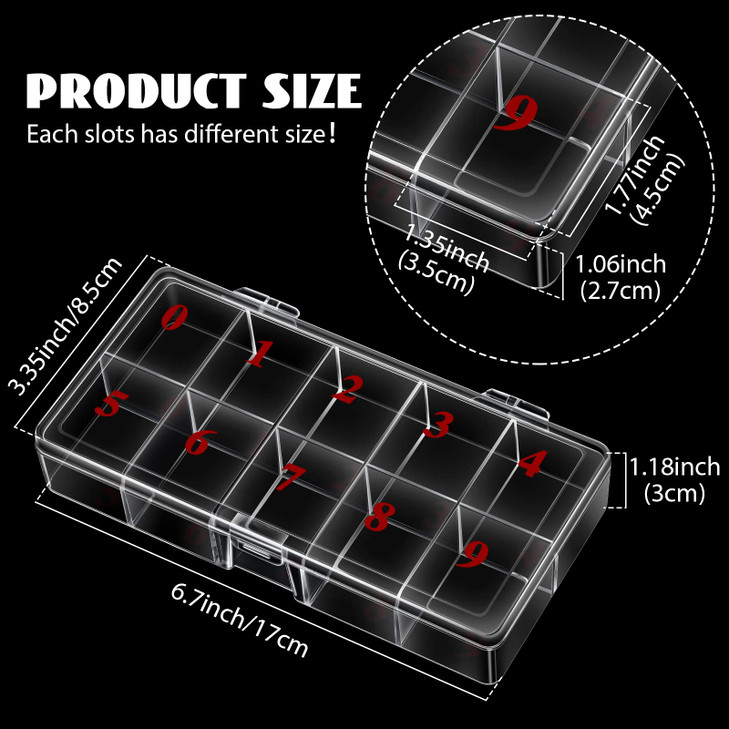 2 Pieces Nail Tip Box Empty False Nail Tips Organizer Box with 10 Number Spaces Storage Case Container Nails Plastic Grid Boxes for Fingernail Crysta