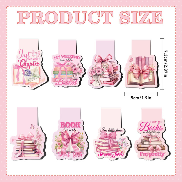 Pink Bow Magnetic Bookmarks: 8 Pcs Bowknot Magnet Book Page Markers, Cute Girly Bookmark Clips for Reading, Gifts for Women Students Teachers Book Lo