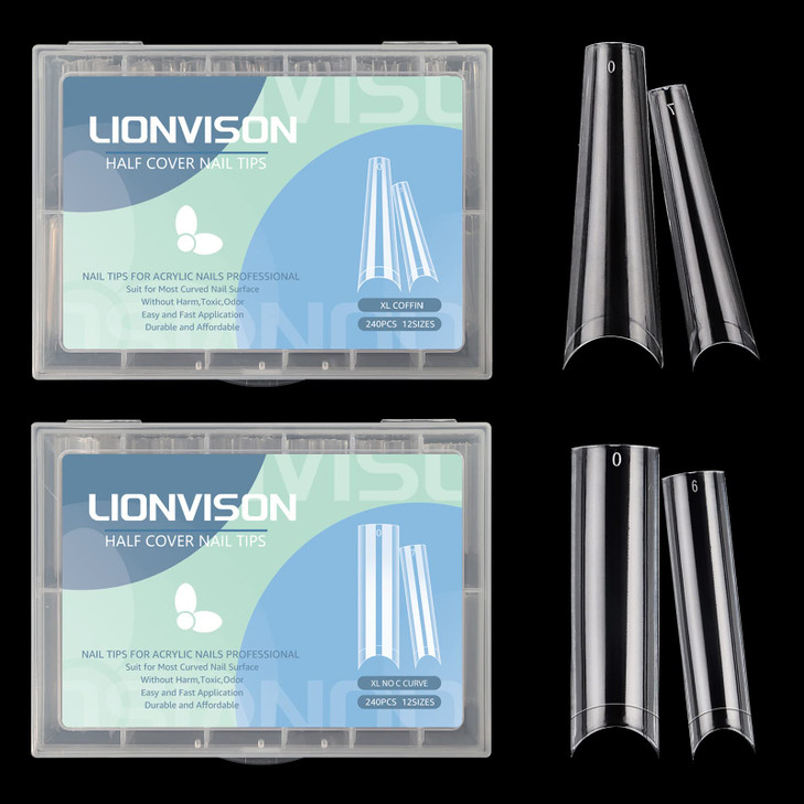 480PCS XL Long Clear Nail Tips, 240PCS Coffin Nails Tips with 240PCS NO C Curve Square Nail Tips for Acrylic Nails Professional, Half Cover Straight