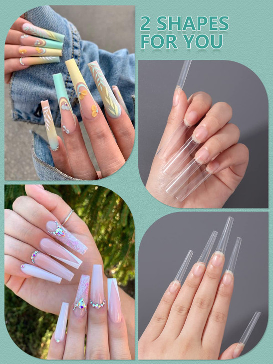 480PCS XL Long Clear Nail Tips, 240PCS Coffin Nails Tips with 240PCS NO C Curve Square Nail Tips for Acrylic Nails Professional, Half Cover Straight