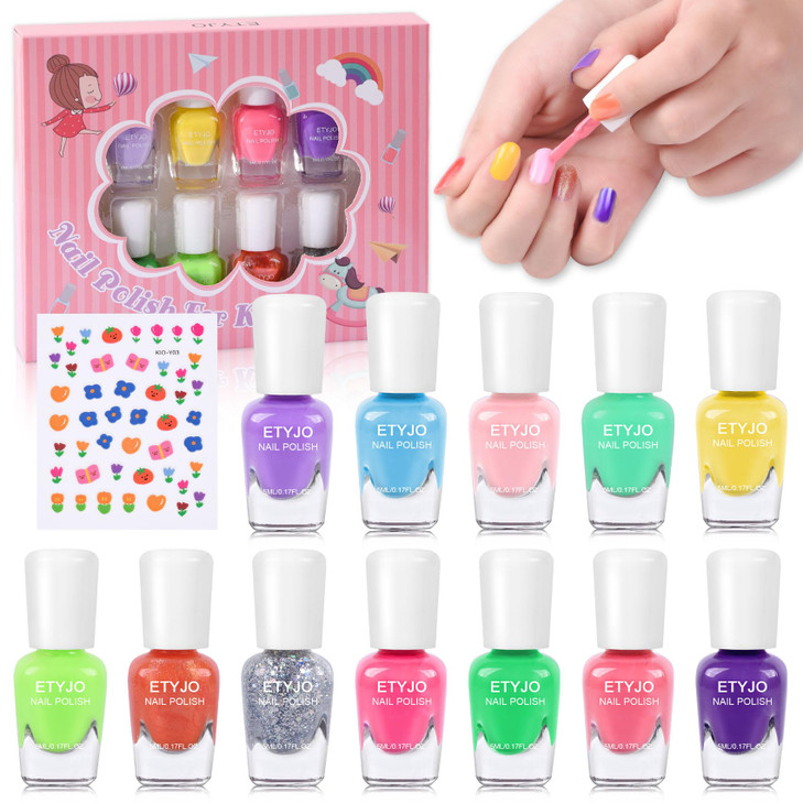 ETYJO Kids Nail Polish Set - Nail Polish for Girls Ages 3-12 | 12 Rainbow Colors | Non-toxic, Water-based, Low Odor | Peel-off, Quick Dry | Children