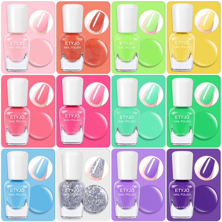 ETYJO Kids Nail Polish Set - Nail Polish for Girls Ages 3-12 | 12 Rainbow Colors | Non-toxic, Water-based, Low Odor | Peel-off, Quick Dry | Children