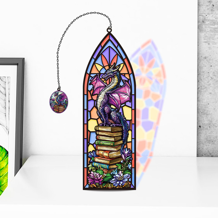 Stained Glass Dragon Bookmark with Charm, Fantasy Metal Book Mark for Reading Lovers, Gothic Window-Inspired Transparent Page Markers Clips Bookish G