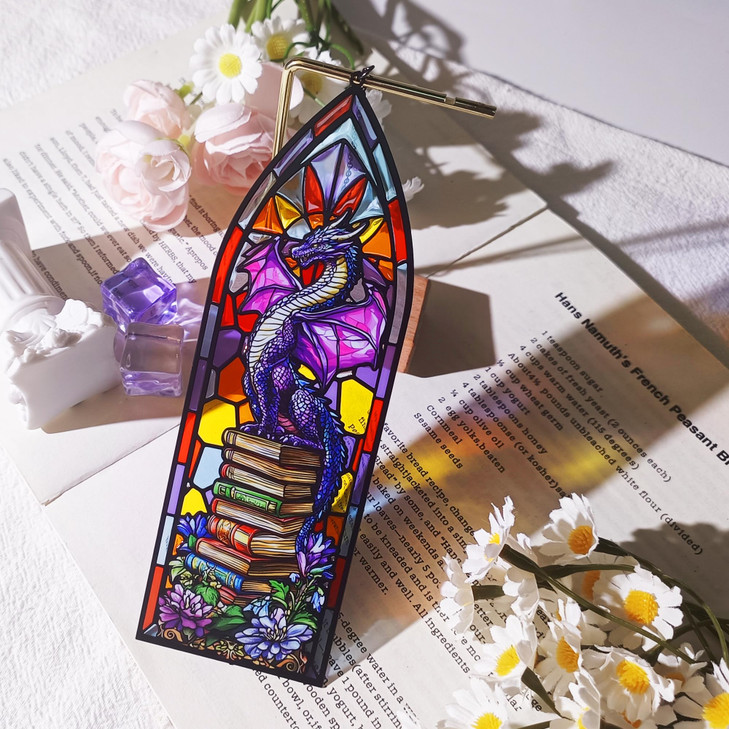 Stained Glass Dragon Bookmark with Charm, Fantasy Metal Book Mark for Reading Lovers, Gothic Window-Inspired Transparent Page Markers Clips Bookish G