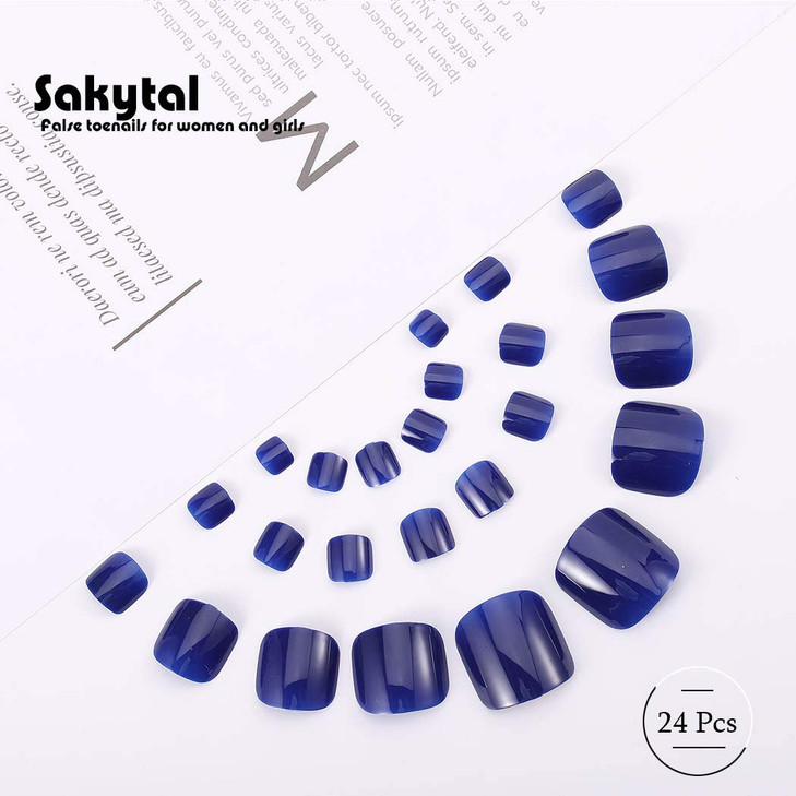 Sakytal Glossy Fake Toenails Blue Solid Color Full Cover False Toe Nail Acrylic Clip Press on Toenail for Women and Girls(24Pcs) (Blue)