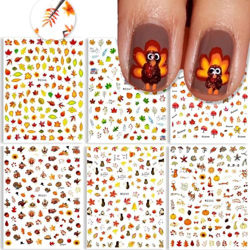 3D Thanksgiving Nail Art Stickers 6 Sheets Autumn Fall Nail Art Accessories Decals Self-Adhesive Maple Leaf Pumpkin Turkey Designs Sticker for Women