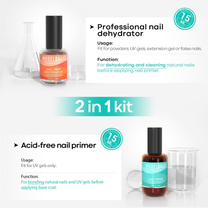modelones 15 ml Nail Dehydrator and Primer, Acid Free Base Coat Natural Prep Dehydrate & Bond Primer Kit, Hema-Free Acrylic Nail Supplies