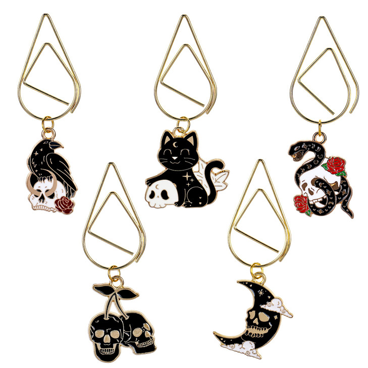 Berirexrion Horror Gothic Skeleton Bookmark - 5 PCs Cool Witchy Crow Paperclips Book Mark Fantasy Spooky Personalized Vintage Metal Bookmarks Reading