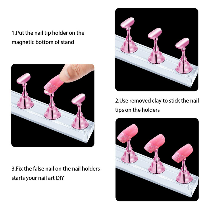 JUSTOTRY 2 Sets Pink Nail Stand for Press on Nails Display, Magnetic Fake Nails Holder for Painting Nails Practices, Beginner Acrylic Nail Art Kit Ac