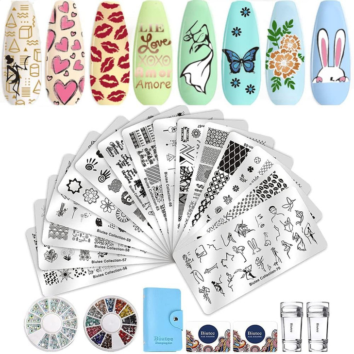 Biutee Christmas Nail Stamp Plate Kit Jelly Silicone Clear Stamper Nail Art Stamping Plate French Tip Template Nail Rhinestone Decoration Scraper Dee